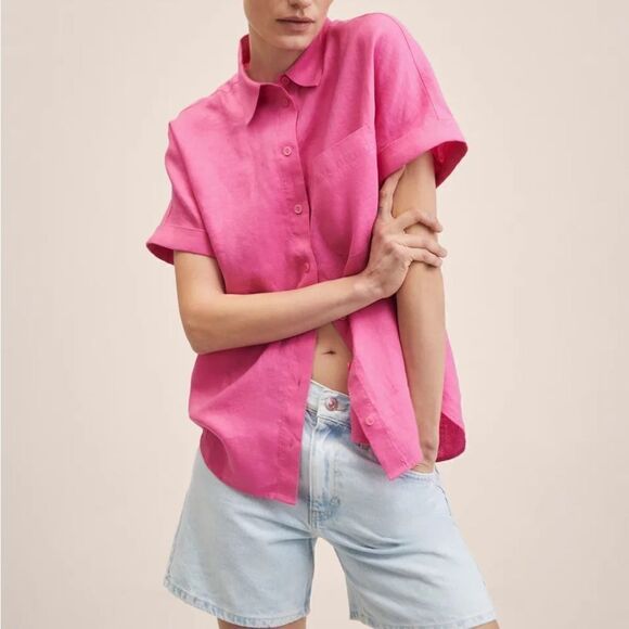 100% Linen Mango Shirt Pink Barbiecore Barbie Core - Picture 8 of 10